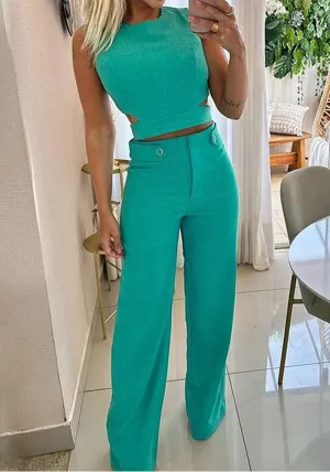 Chic Sleeveless Cut-Out Crop Top and High-Waist Wide-Leg Pants Set