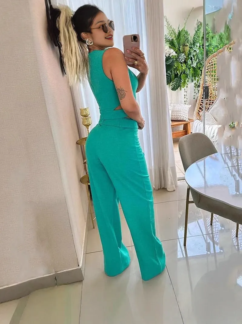 Chic Sleeveless Cut-Out Crop Top and High-Waist Wide-Leg Pants Set