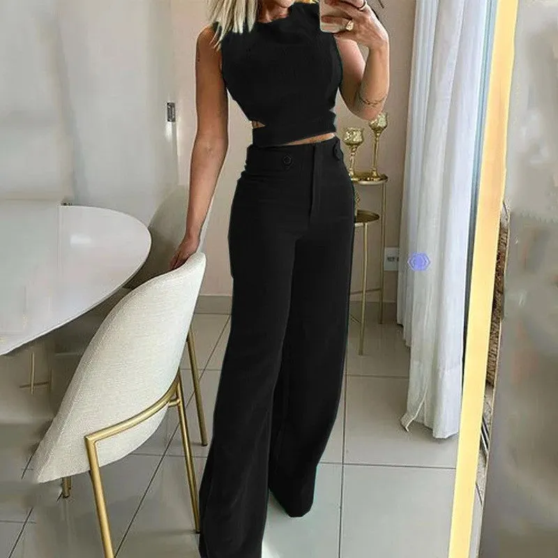 Chic Sleeveless Cut-Out Crop Top and High-Waist Wide-Leg Pants Set