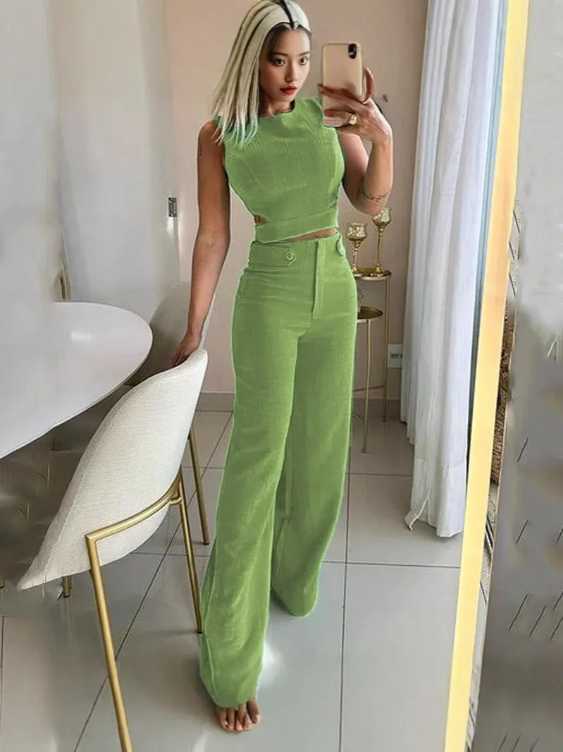 Chic Sleeveless Cut-Out Crop Top and High-Waist Wide-Leg Pants Set