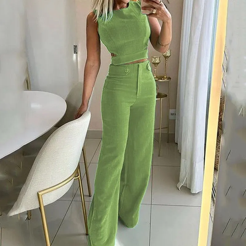 Chic Sleeveless Cut-Out Crop Top and High-Waist Wide-Leg Pants Set