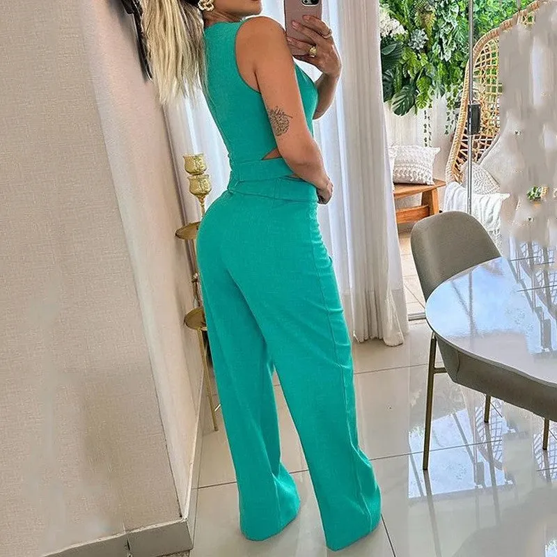 Chic Sleeveless Cut-Out Crop Top and High-Waist Wide-Leg Pants Set