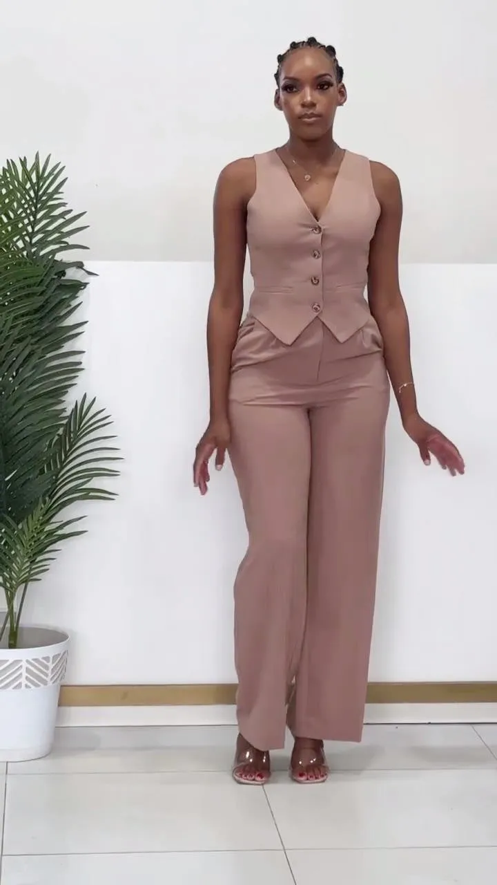 Chic Sleeveless Tailored Vest and Wide-Leg Pants Two-Piece Set