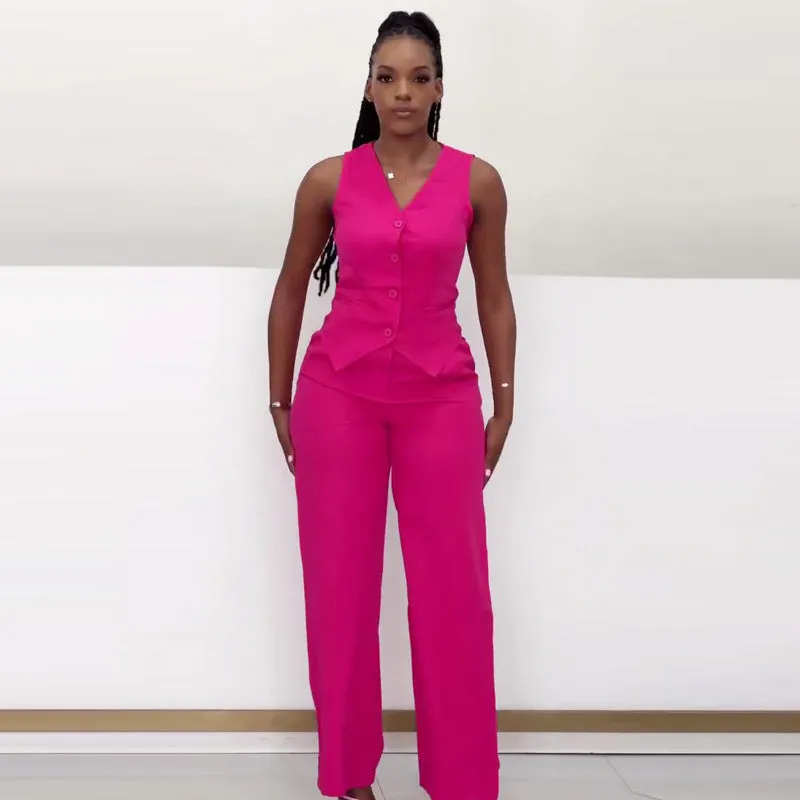 Chic Sleeveless Tailored Vest and Wide-Leg Pants Two-Piece Set