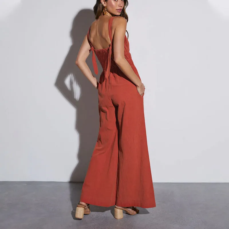Chic Smocked Bodice Wide-Leg Summer Suspender Jumpsuit
