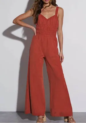 Chic Smocked Bodice Wide-Leg Summer Suspender Jumpsuit