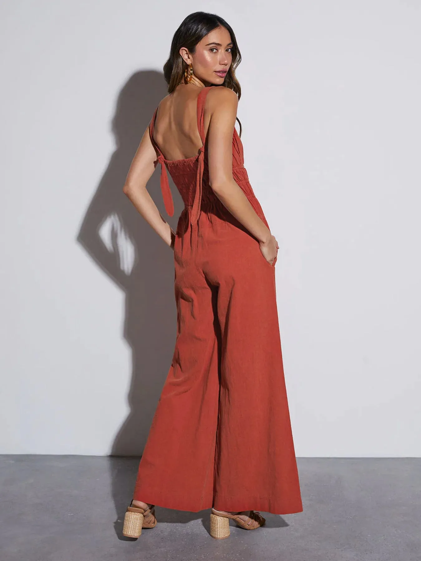Chic Smocked Bodice Wide-Leg Summer Suspender Jumpsuit