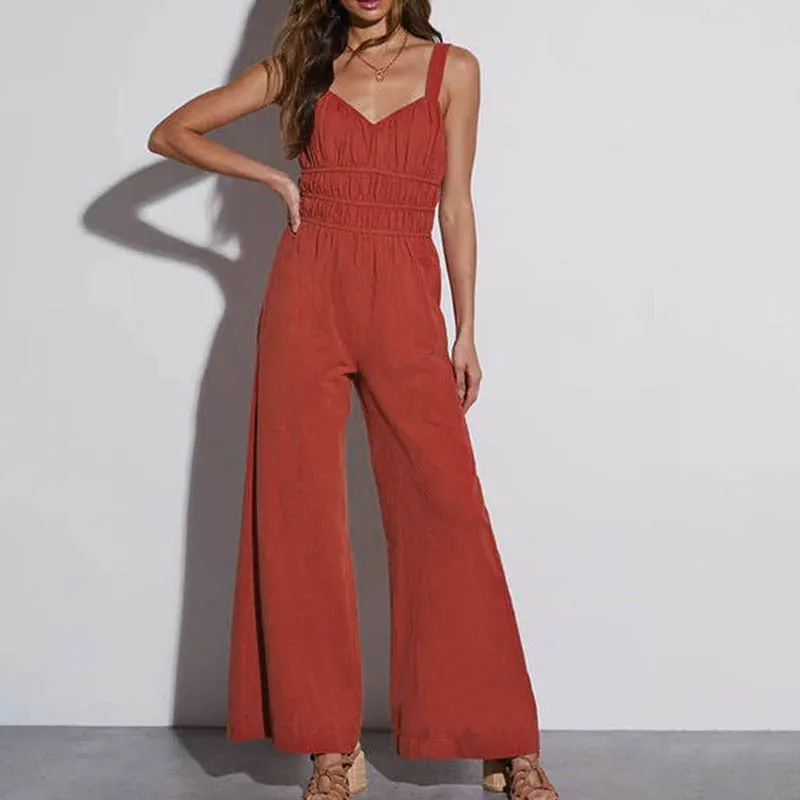 Chic Smocked Bodice Wide-Leg Summer Suspender Jumpsuit