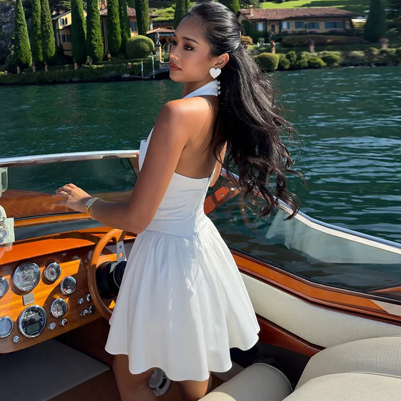 Chic Solid Color Halter Strap A-Line Mini Dress