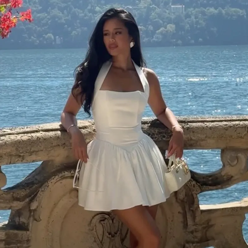 Chic Solid Color Halter Strap A-Line Mini Dress