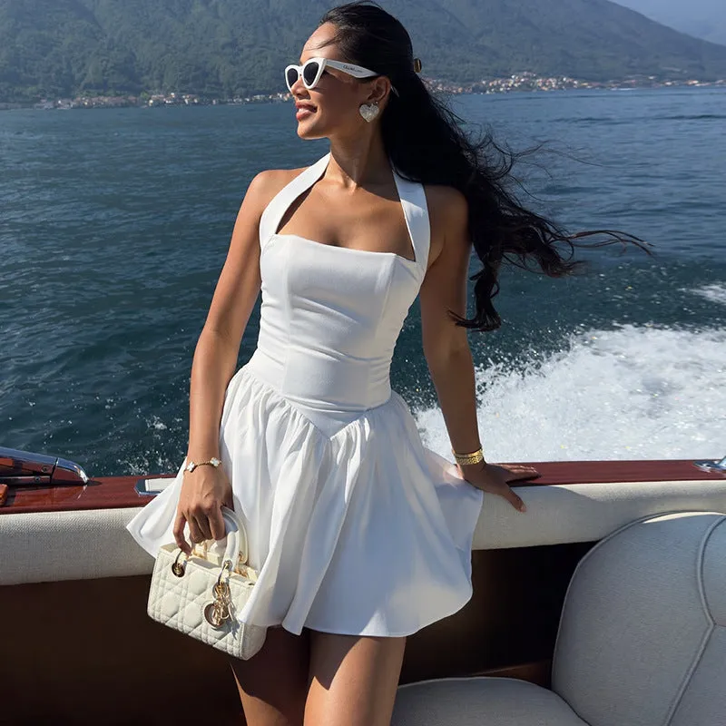 Chic Solid Color Halter Strap A-Line Mini Dress