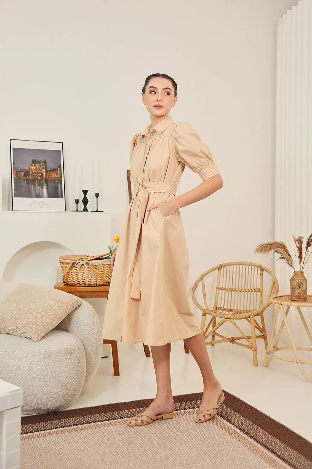 Clarissa Belted Shirt Dress in Apricot