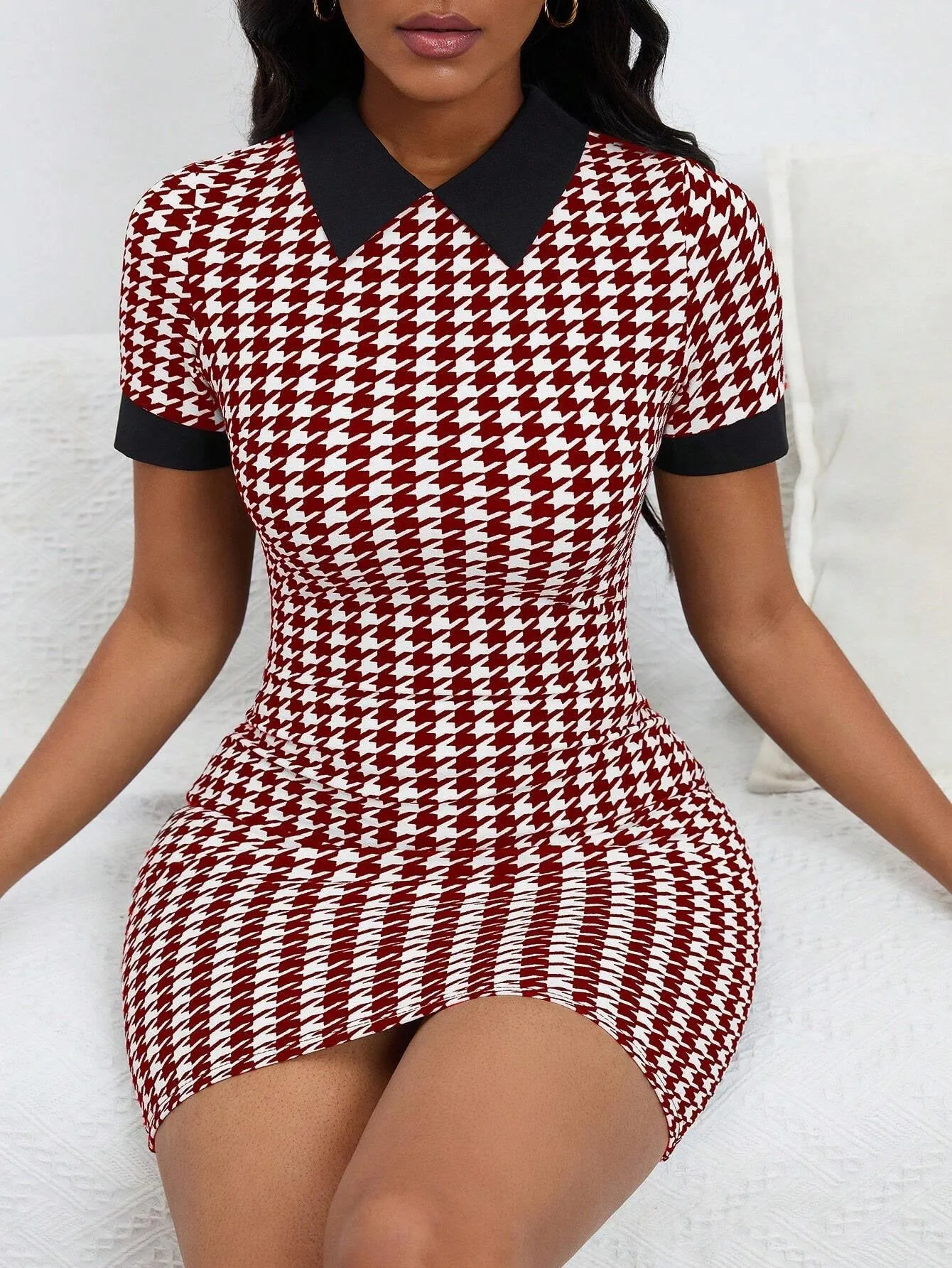 Classic Houndstooth Polo Collar Bodycon Mini Dress