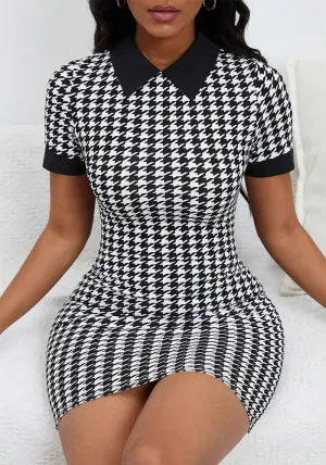 Classic Houndstooth Polo Collar Bodycon Mini Dress