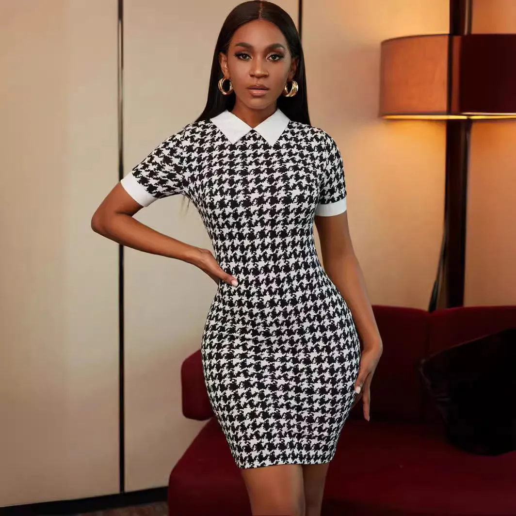 Classic Houndstooth Polo Collar Bodycon Mini Dress