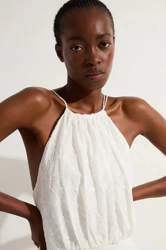 Cotton Broderie Strappy Halter Neck Woven Maxi Dress