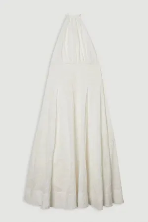 Cotton Broderie Strappy Halter Neck Woven Maxi Dress