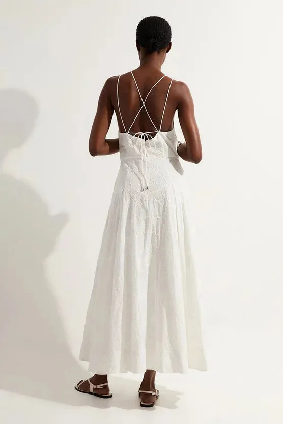 Cotton Broderie Strappy Halter Neck Woven Maxi Dress