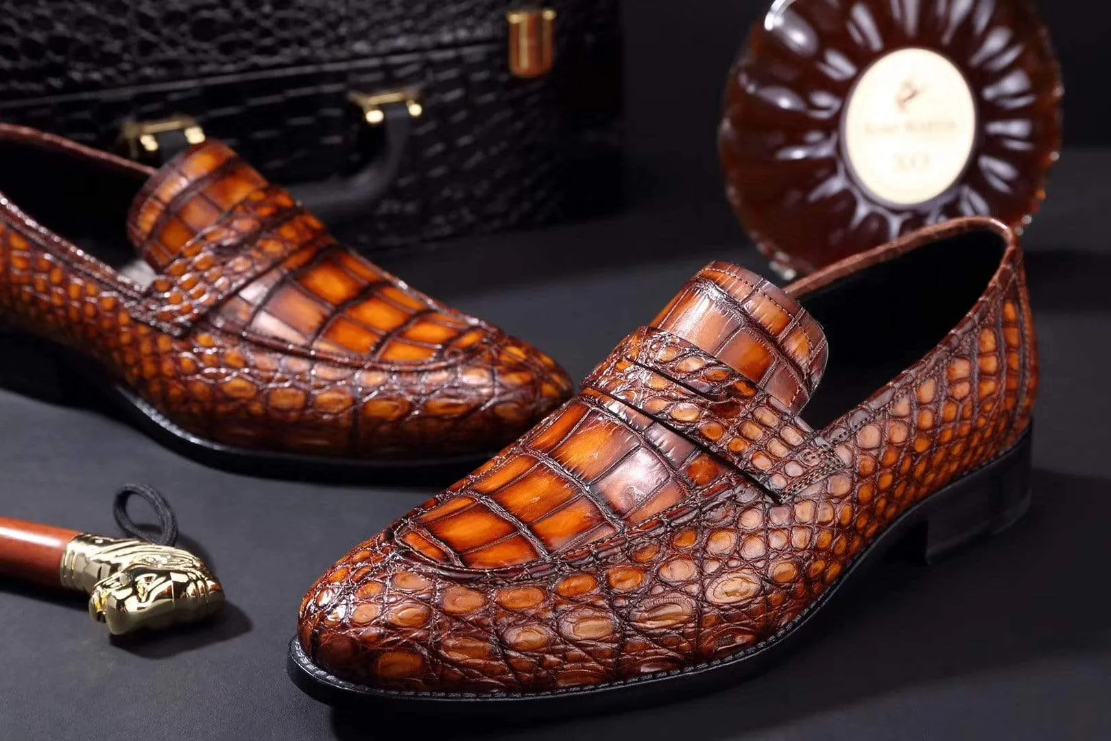 Crocodile Shoes Mens Crocodile Leather Penny Loafer Shoes Vintage Brown