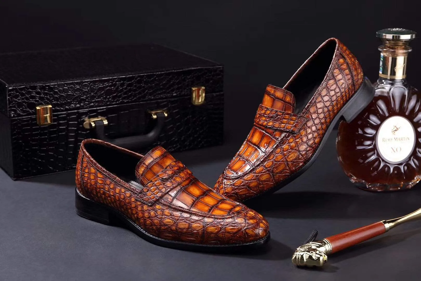 Crocodile Shoes Mens Crocodile Leather Penny Loafer Shoes Vintage Brown