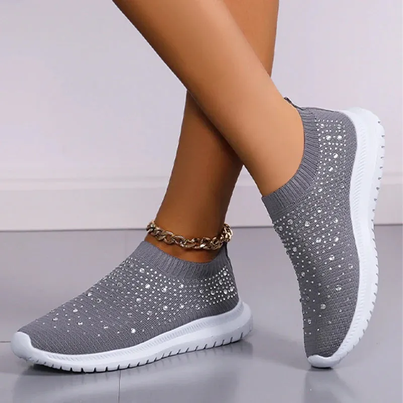 Crystal Breathable Mesh Sneaker Shoes for Women Comfortable Soft Bottom Flats Plus Non Slip