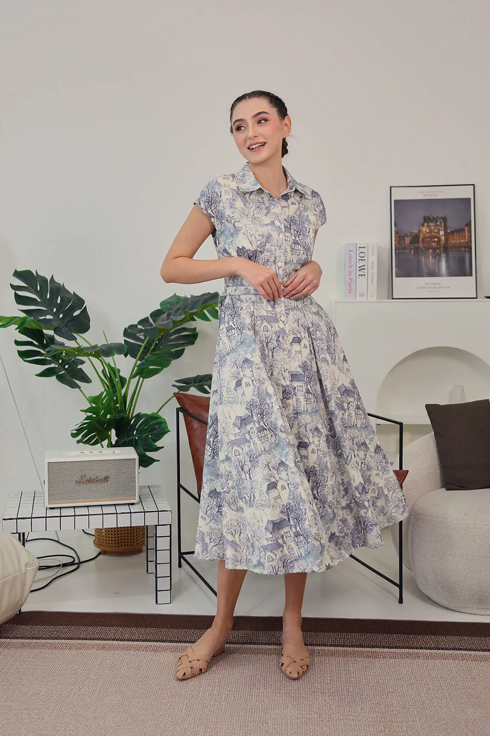 Dezza Midi Dress in Grey Scenic Prints