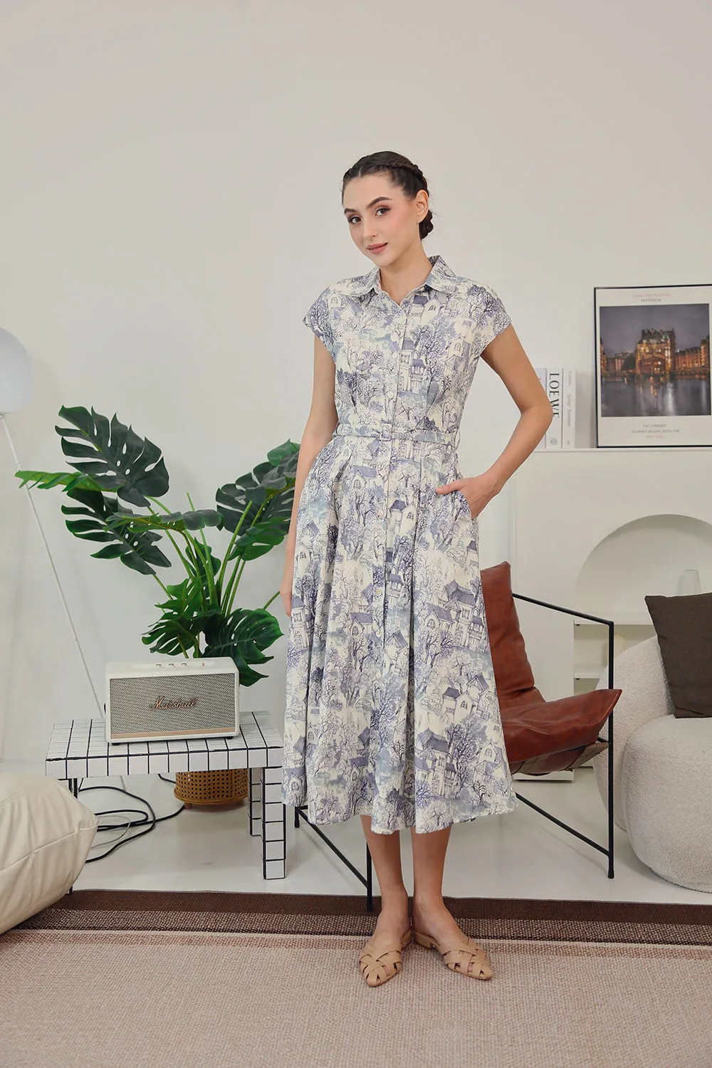 Dezza Midi Dress in Grey Scenic Prints