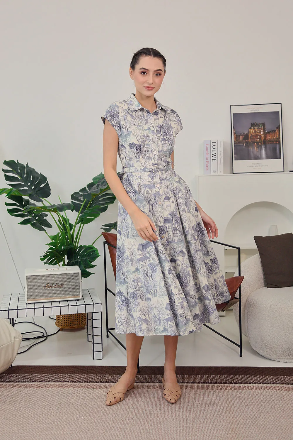 Dezza Midi Dress in Grey Scenic Prints