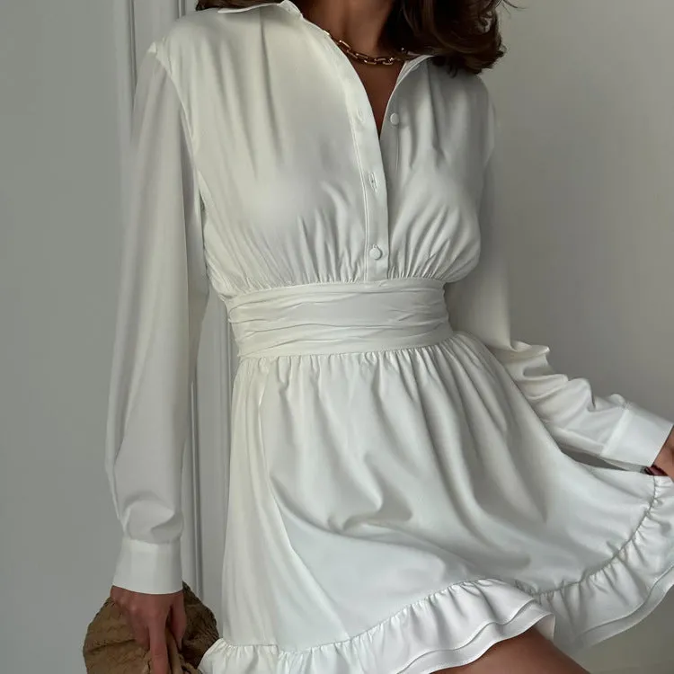 Elegant Button-Up Long Sleeve Belted A-Line Ruffle Hem Mini Dress