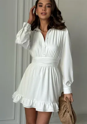 Elegant Button-Up Long Sleeve Belted A-Line Ruffle Hem Mini Dress