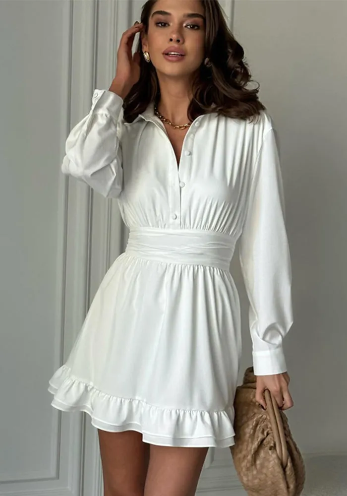Elegant Button-Up Long Sleeve Belted A-Line Ruffle Hem Mini Dress