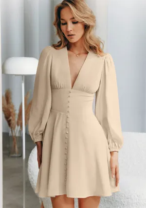 Elegant French-Inspired V-Neck Chiffon Dress with Button Details