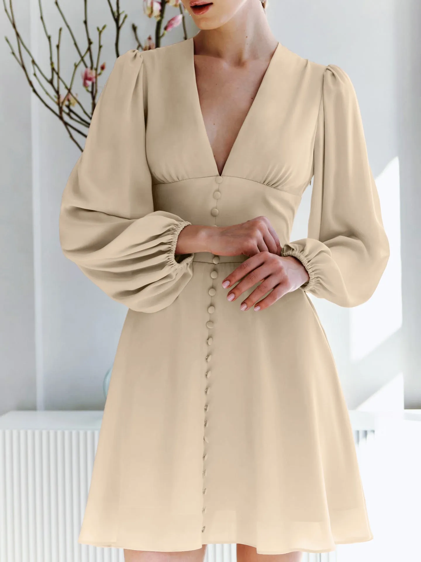 Elegant French-Inspired V-Neck Chiffon Dress with Button Details
