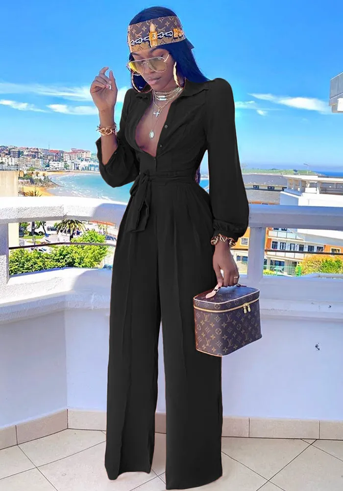 Elegant Long-Sleeve Belted Shirt Collar Wide-Leg Jumpsuit