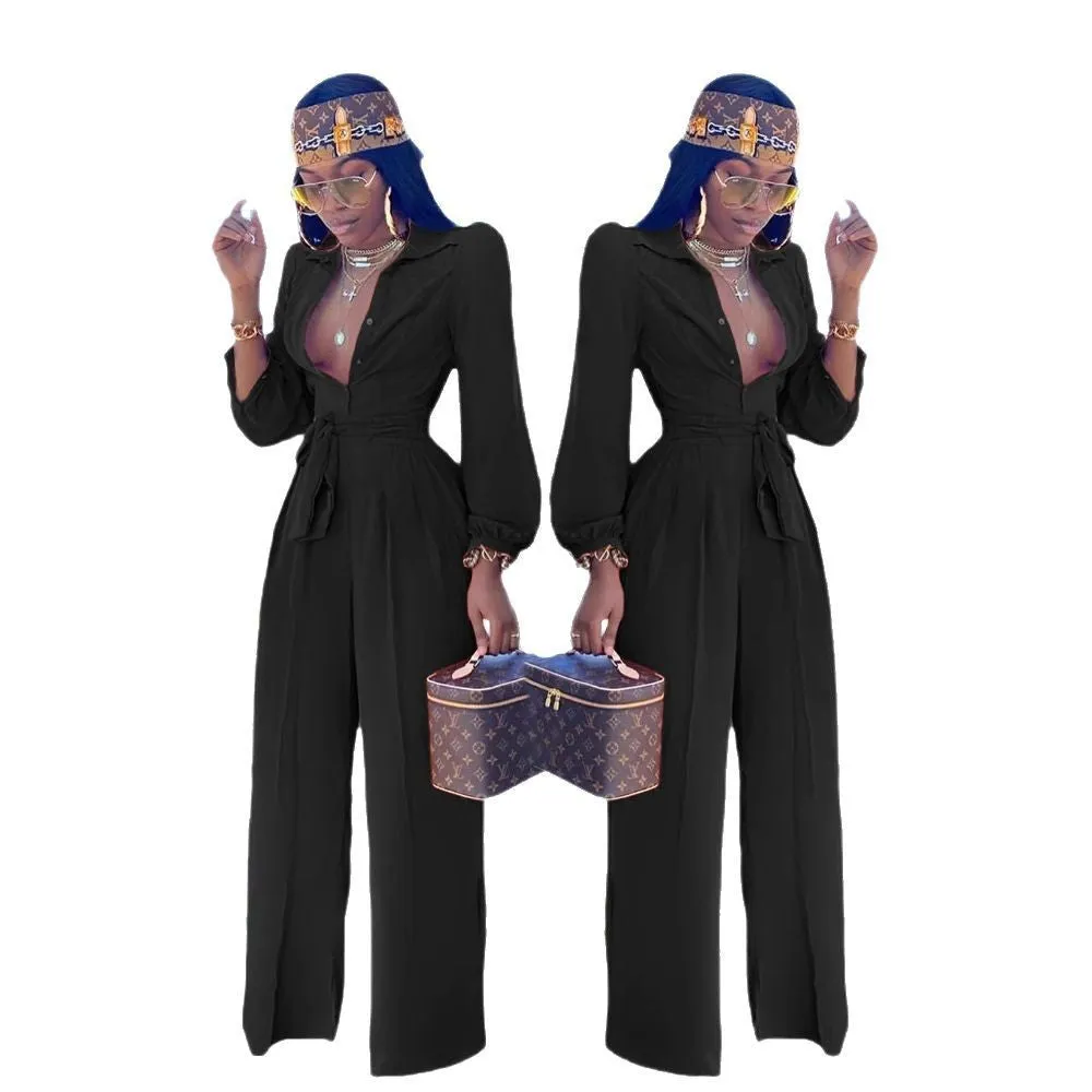 Elegant Long-Sleeve Belted Shirt Collar Wide-Leg Jumpsuit