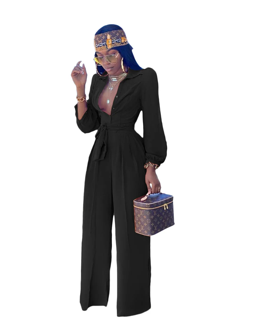 Elegant Long-Sleeve Belted Shirt Collar Wide-Leg Jumpsuit