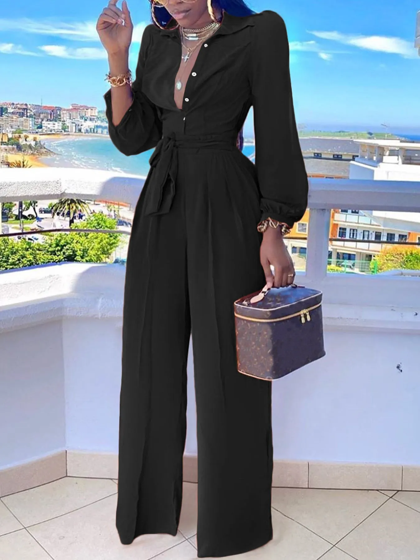 Elegant Long-Sleeve Belted Shirt Collar Wide-Leg Jumpsuit