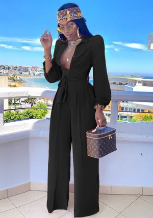 Elegant Long-Sleeve Belted Shirt Collar Wide-Leg Jumpsuit