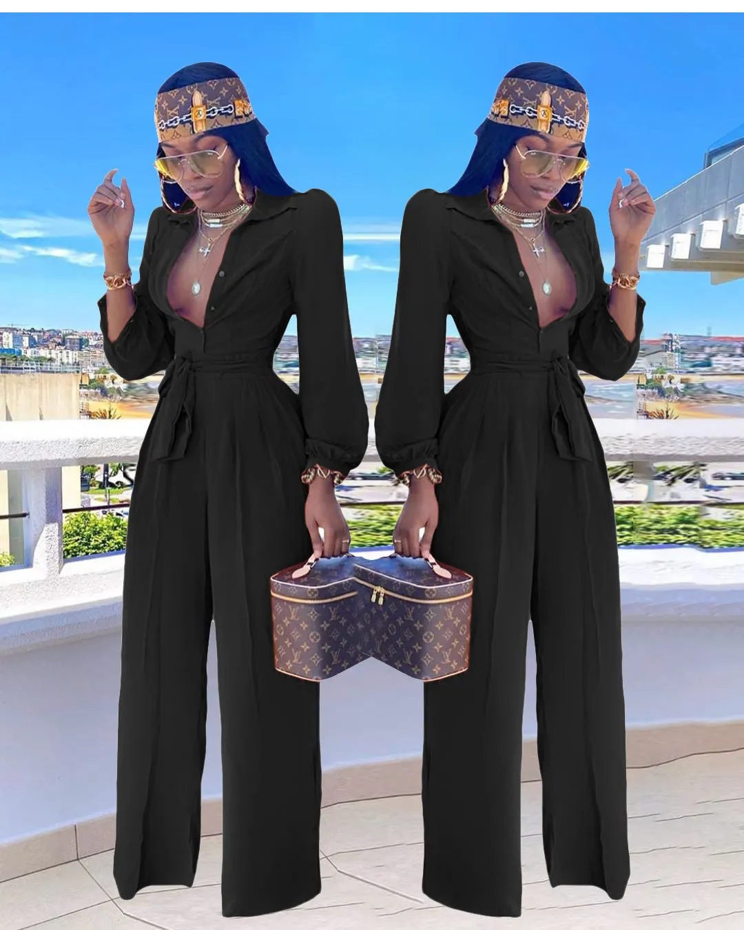 Elegant Long-Sleeve Belted Shirt Collar Wide-Leg Jumpsuit