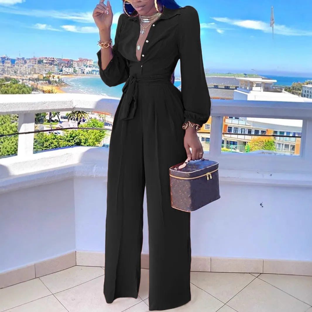 Elegant Long-Sleeve Belted Shirt Collar Wide-Leg Jumpsuit