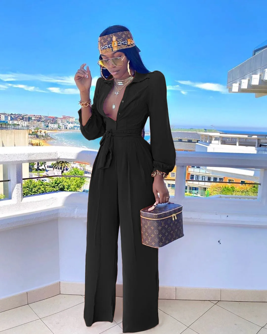 Elegant Long-Sleeve Belted Shirt Collar Wide-Leg Jumpsuit