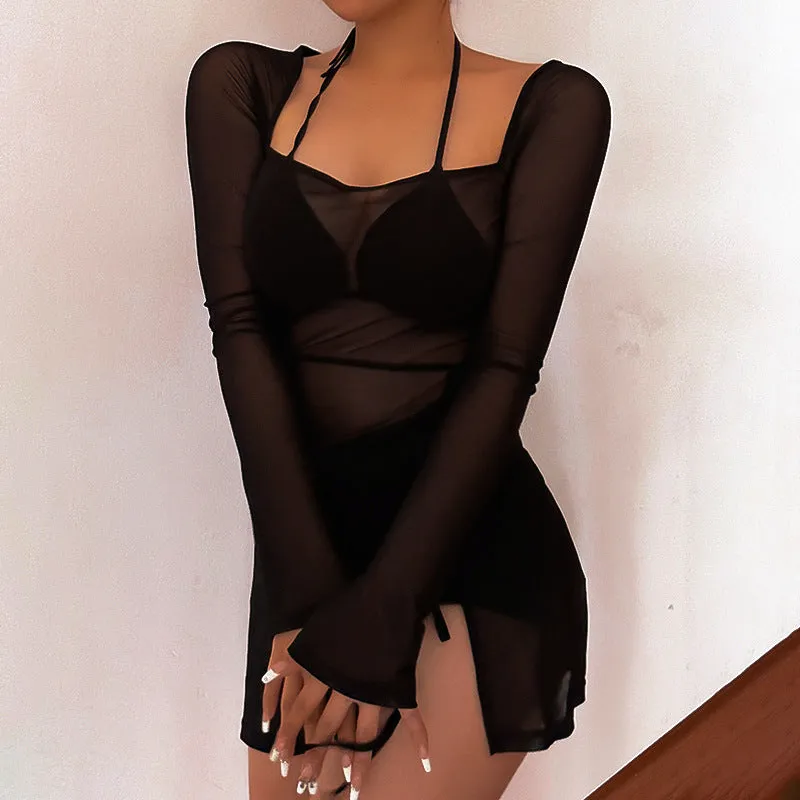 Elegant Mesh Long Sleeve Slit Dress for a Chic and Flirty Casual Look