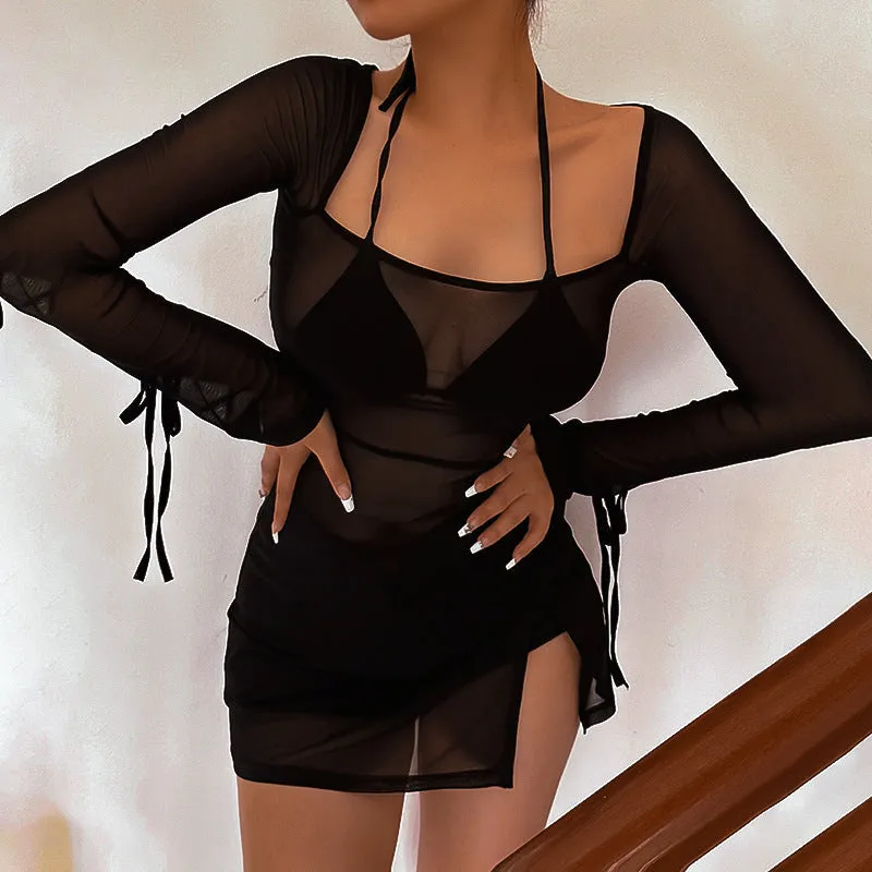 Elegant Mesh Long Sleeve Slit Dress for a Chic and Flirty Casual Look