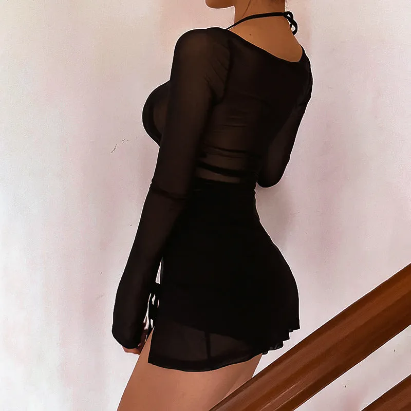 Elegant Mesh Long Sleeve Slit Dress for a Chic and Flirty Casual Look