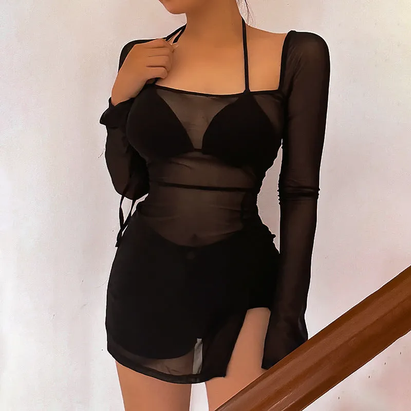 Elegant Mesh Long Sleeve Slit Dress for a Chic and Flirty Casual Look