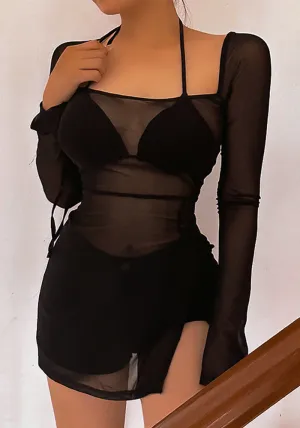 Elegant Mesh Long Sleeve Slit Dress for a Chic and Flirty Casual Look