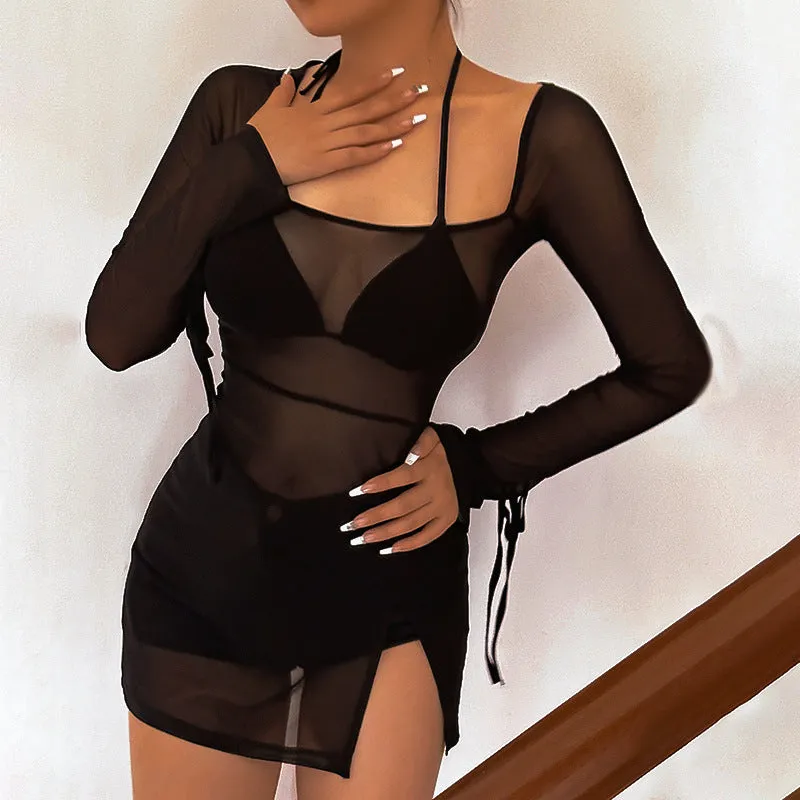 Elegant Mesh Long Sleeve Slit Dress for a Chic and Flirty Casual Look