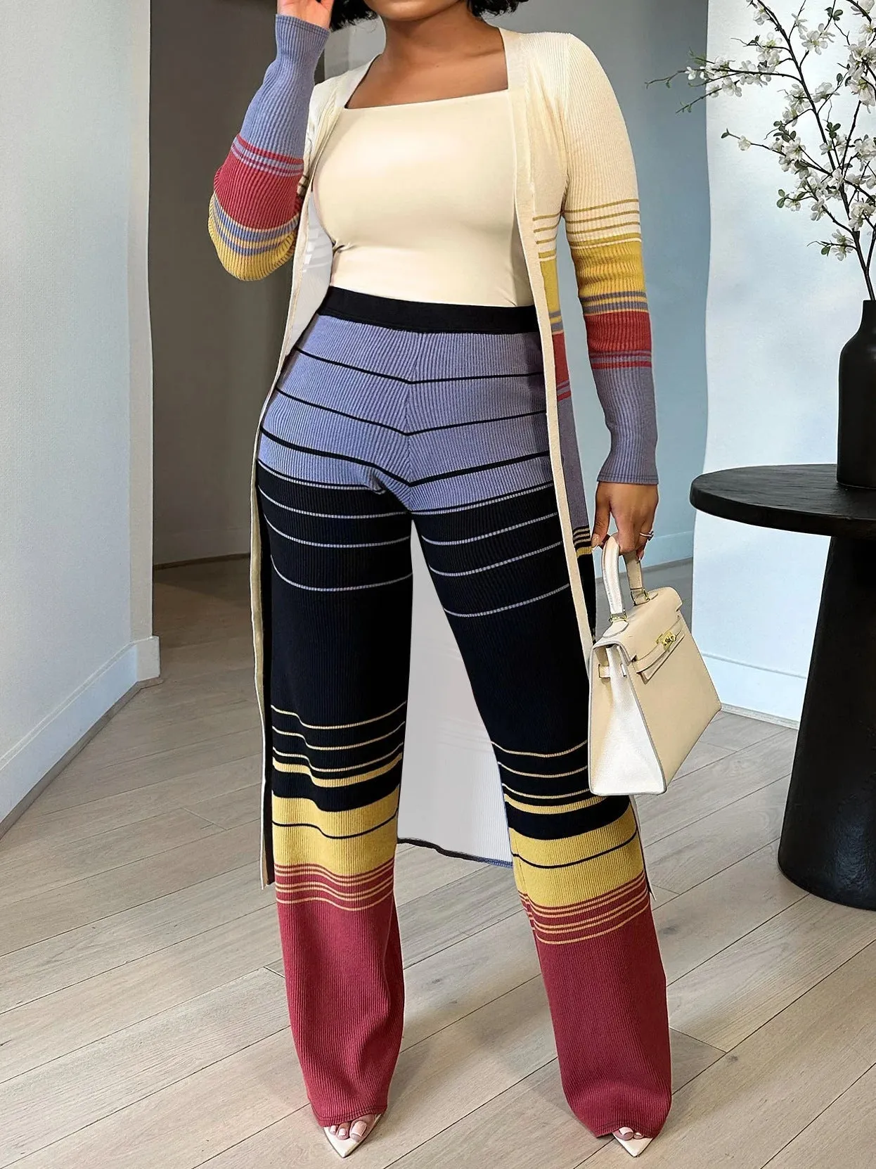 Elegant Plus-Size Long Sleeve Open Top and Pant Two-Piece Set