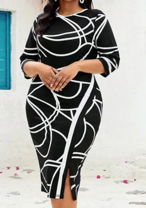 Elegant Plus Size Printed Slim Waist Bodycon Dress for Flattering Sophistication