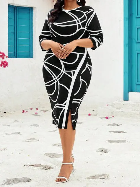 Elegant Plus Size Printed Slim Waist Bodycon Dress for Flattering Sophistication